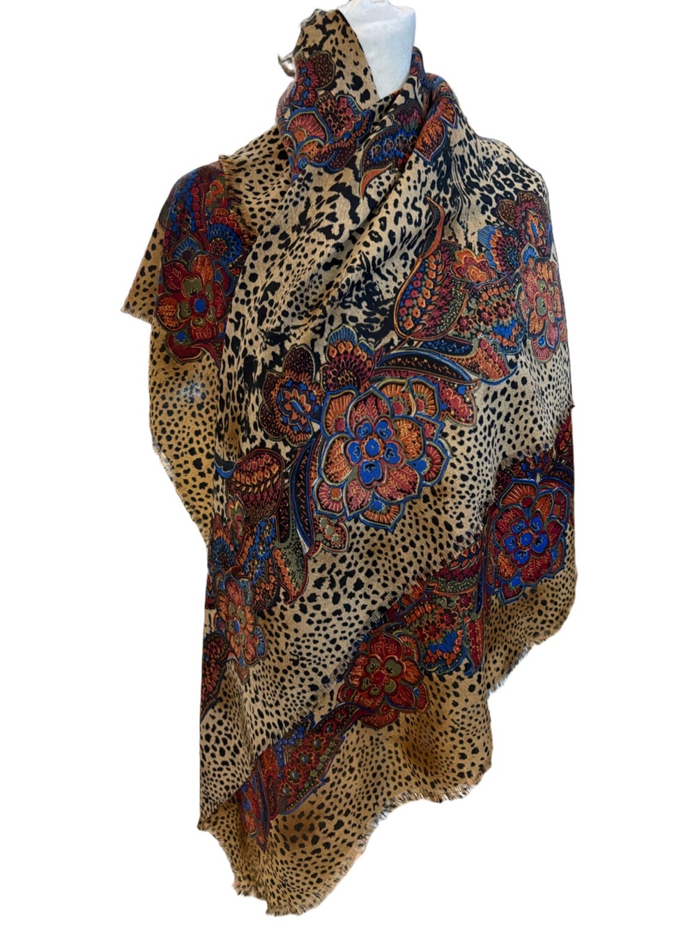 Jeweltone and animal print scarf wrap. Large square floral peacock lightweight